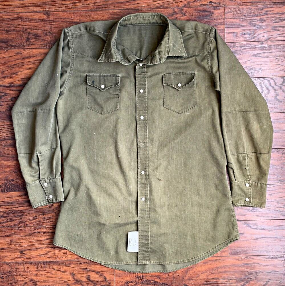 1970s Vintage Western Shirt Men’s XL Olive Green Distressed Horseshoe Star Snaps